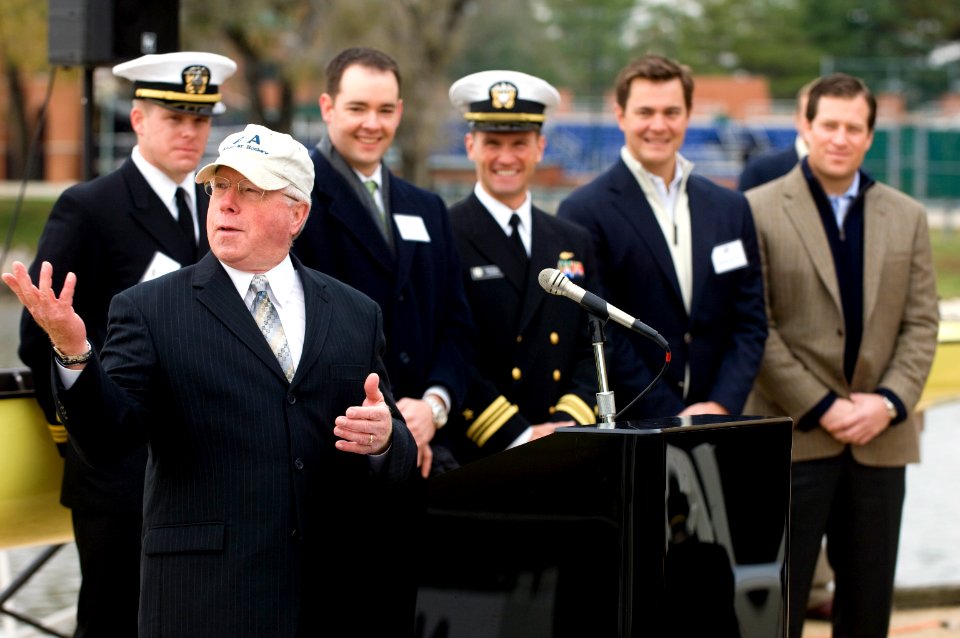 US Navy 071117-N-0696M-161 Coach Rick Clothier, director of rowing at the U.S. Naval Academy, speaks at a ceremony christening a memorial rowing shell in honor of Lt. Cmdr. Erik S. Kristensen