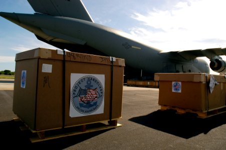 US Navy 071124-N-8590G-012 The U.S. Air Force's 10th Airlift Squadron delivers pallets for Project Handclasp on aboard a C-17 Globemaster
