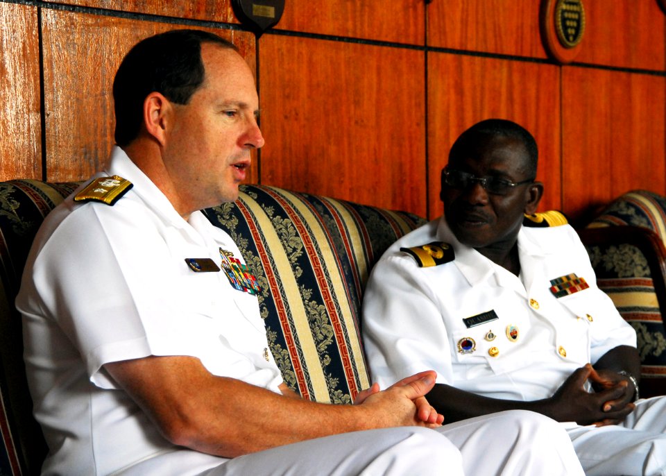 US Navy 071120-N-8933S-006 Rear Adm. Tony Kurta, director for Policy, Resources and Strategy, U.S. Naval Forces Europe, and Ghanaian navy Commodore Matthew Quashie, Eastern Ghana Naval Command, meet with Africa Partnership Stat