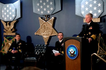 US Navy 071128-N-8273J-008 Chief of Naval Operations (CNO) Adm. Gary Roughead speaks in honor of the Vice Adm. James Bond Stockdale awardees, Cmdrs. Frank J. Olmo and Craig A. Clapperton