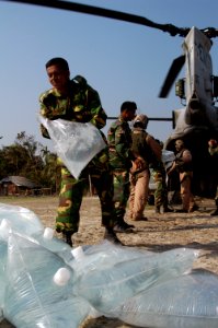 US Navy 071127-N-7955L-063 Marines with the 22nd Marine Expeditionary Unit (Special Operations Capable) and Bangladesh Army Soldiers offload bags of fresh water from a CH-46