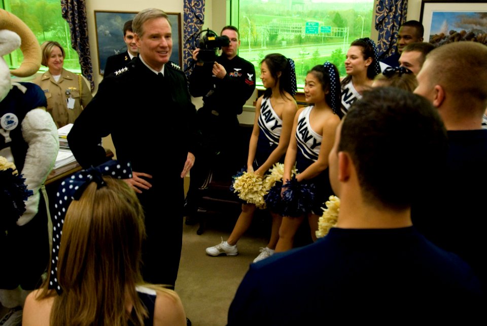 US Navy 071129-N-8273J-048 Vice Chief of Naval Operations (VCNO) Adm. Patrick Walsh talks to U.S. Naval Academy cheerleaders and band members during a pep rally in the Pentagon prior to the upcoming Army-Navy game