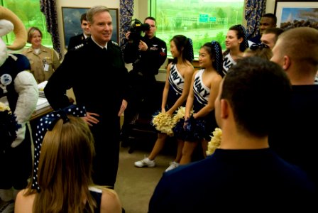 US Navy 071129-N-8273J-048 Vice Chief of Naval Operations (VCNO) Adm. Patrick Walsh talks to U.S. Naval Academy cheerleaders and band members during a pep rally in the Pentagon prior to the upcoming Army-Navy game