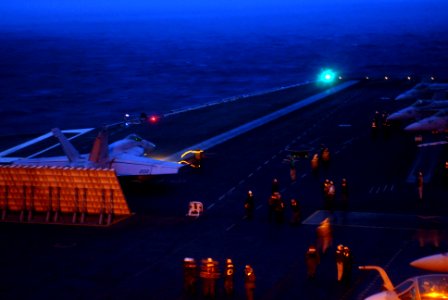 US Navy 071130-N-3659B-192 An F-A-18E Super Hornet, assigned to the Eagles of Strike Fighter Squadron (VFA) 115, waits to launch off