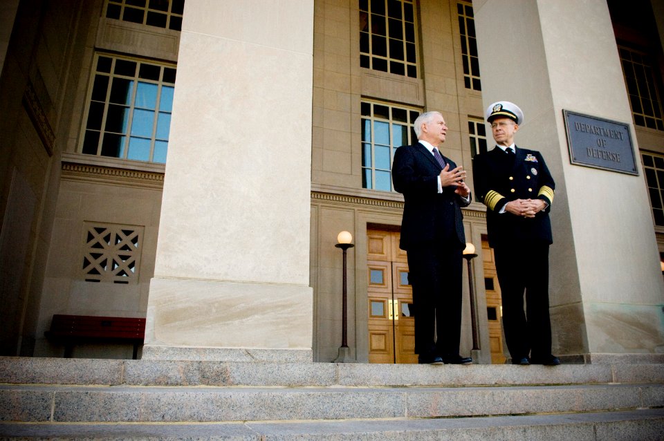 US Navy 071129-N-0696M-076 Secretary of Defense Robert M. Gates and Chairman of Joint Chiefs of Staff, Adm. Mike Mullen await the arrival of President George W. Bush at the Pentagon for a meeting with senior leaders