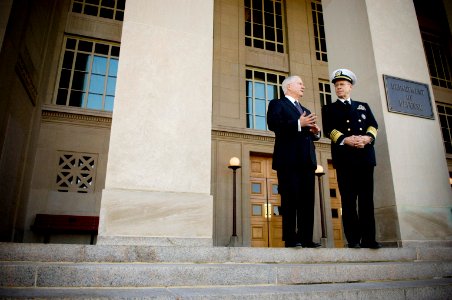 US Navy 071129-N-0696M-076 Secretary of Defense Robert M. Gates and Chairman of Joint Chiefs of Staff, Adm. Mike Mullen await the arrival of President George W. Bush at the Pentagon for a meeting with senior leaders
