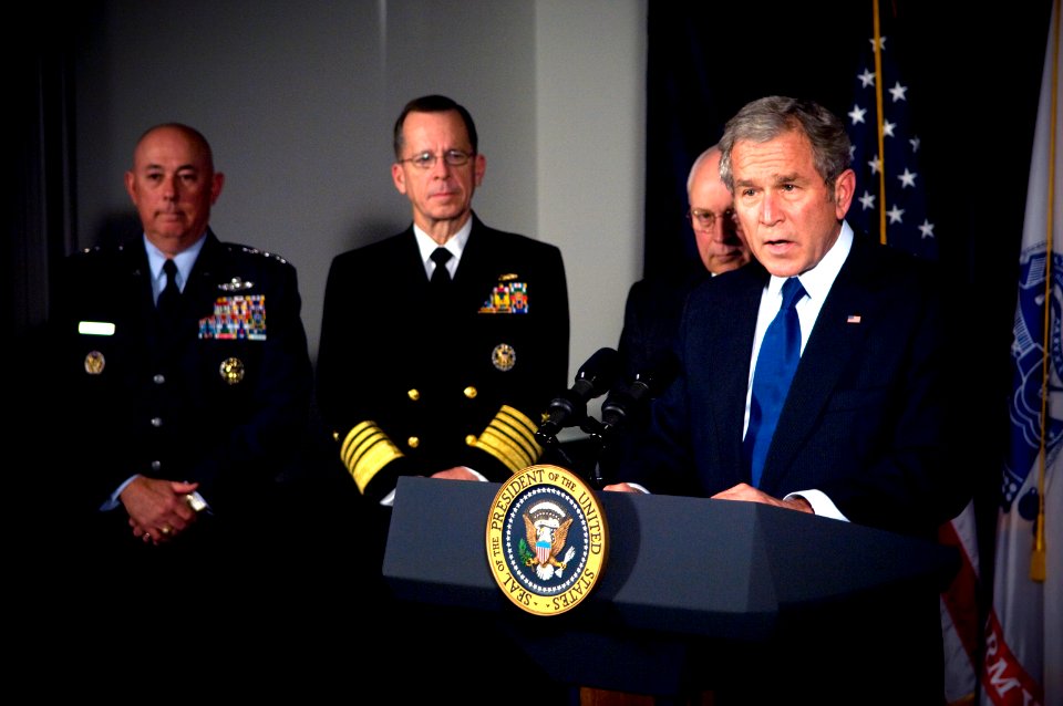 US Navy 071129-N-0696M-113 President George W. Bush addresses the media at the Pentagon after a meeting with senior leaders discussing long-term strategic plans for the military