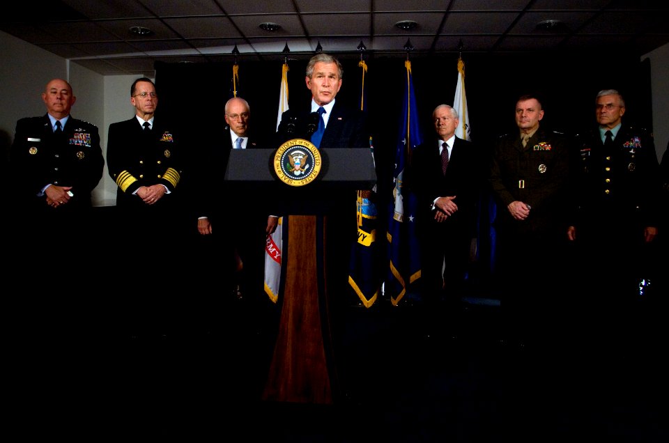 US Navy 071129-N-0696M-280 President George W. Bush addresses the media at the Pentagon after a meeting with senior leaders discussing long-term strategic plans for the military