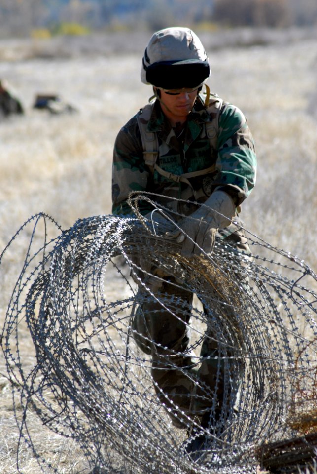US Navy 071201-N-9623R-020 Builder 1st Class Barnavus Bustillos, a member of the Naval Mobile Construction Battalion (NMCB) 17 convoy security element, moves constantine security wire into place on the outer perimeter of Camp Li