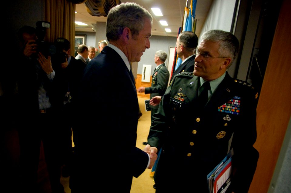US Navy 071129-N-0696M-233 President George W. Bush shakes the hand of Gen. George W. Casey, U.S. Army chief of staff, at the conclusion of a meeting with senior leaders discussing long-term strategic plans for the military