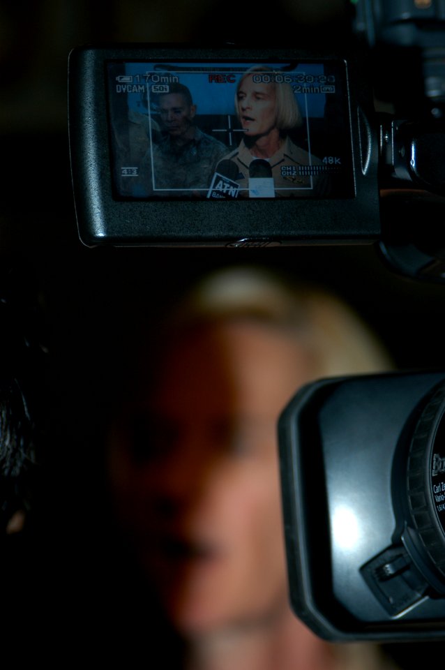 US Navy 071129-N-5642P-093 Rear Adm. Carol Pottenger, commander, Task Force 76, gives an interview to international media