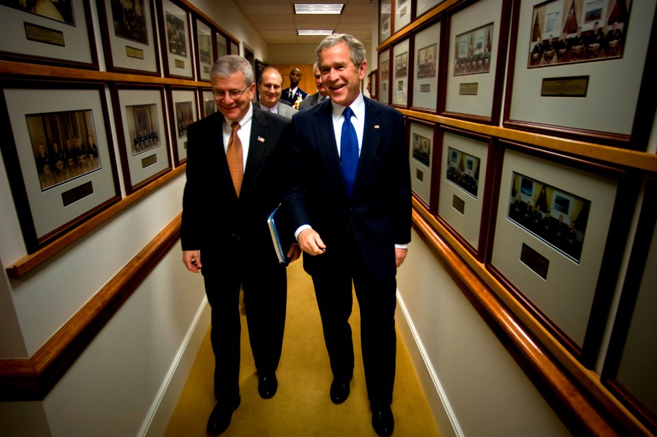 US Navy 071129-N-0696M-241 resident George W. Bush and Josh Bolton, White House chief of staff depart after a meeting with senior military leaders discussing long-term strategic plans for the military