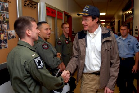 US Navy 071130-N-0486G-004 During a tour of Naval Station Mayport's Helicopter Anti-Submarine Squadron (HSL) 40, Ed Begley Jr. shakes hands with with Lt.j.g Cody Cutlzel