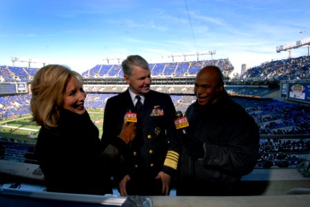 US Navy 071201-N-8273J-011 Chief of Naval Operations (CNO) Adm. Gary Roughead, center, conducts a pre-game interview with Baltimore CBS affiliate WJZ-TV Channel 13, prior to the 108th Army-Navy game at M^T Bank Stadium in Balti