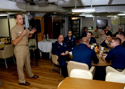 US Navy 071203-N-7981E-310 Vice Adm. Thomas Kilcline, commander, Naval Air Forces, addresses the chiefs of the nuclear-powered aircraft carrier USS Abraham Lincoln (CVN 72) in the ship's Chief's Mess during a visit to the ship