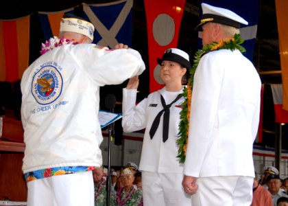 US Navy 071207-N-4965F-010 Cryptologic Technician (Interpretive) 2nd Class Bailey Sharbrough, assigned to Navy Information Operations Command Hawaii, is reenlisted by Pearl Harbor Survivor Woodrow Wilson Derby
