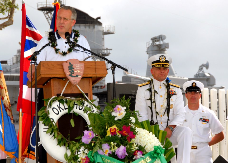 US Navy 071207-N-4965F-027 The Honorable Brad Henry, Governor of Oklahoma, delivers his remarks during a joint Oklahoma Memorial Committee-National Park Service dedication ceremony for battleship USS Oklahoma (BB 37) Memorial