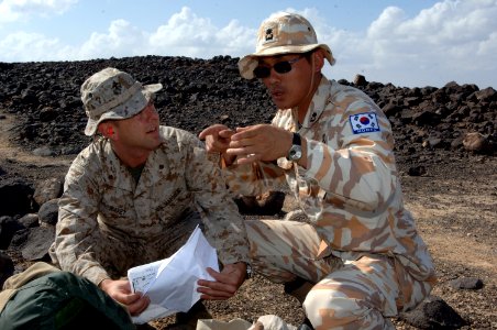 US Navy 071204-N-3931M-078 Republic of Korea Army Maj. Youngjin Kim from Combined Joint Task Force Horn of Africa (CJTF-HOA) and U.S. Marine Corps Maj. Guy Ravey, discuss range operations at the Gordia bombing range off the coa