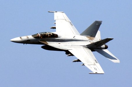 US Navy 071203-N-8923M-074 An F-A-18F Super Hornet, from the Red Rippers of Strike Fighter Squadron (VFA) 11, makes a sharp turn above the flight deck aboard the Nimitz-class nuclear-powered aircraft carrier USS Harry S. Truman