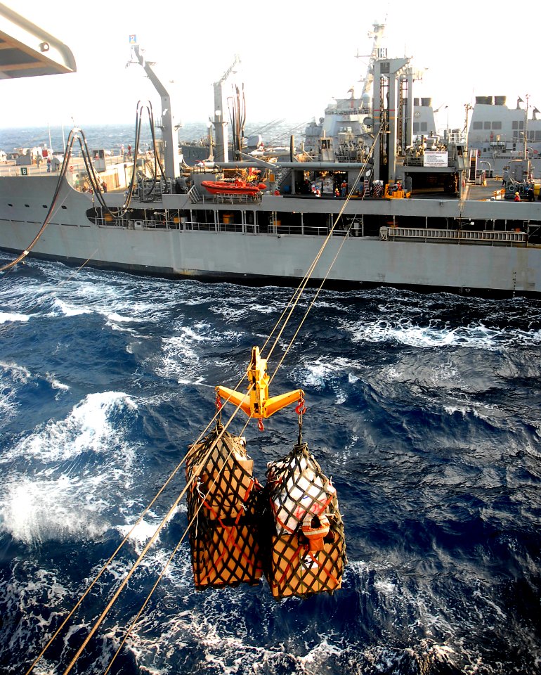 US Navy 071202-N-4774B-090 Boxes filled with supplies and mail are transported over wires from the Military Sealift Command fleet replenishment oiler USNS Walter S. Diehl (T-AO 193)