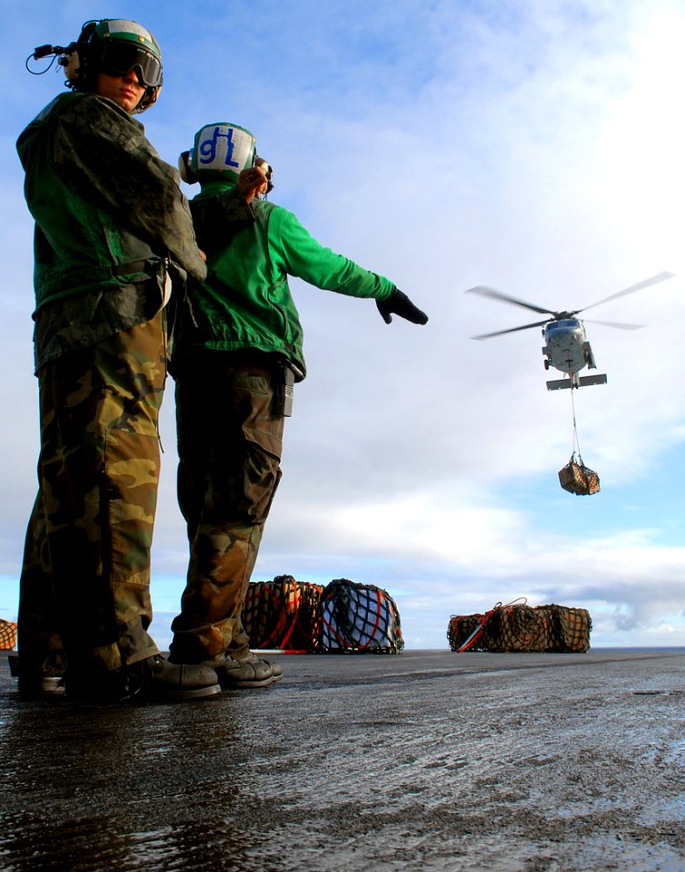 US Navy 071208-N-8132M-064 Sailors aboard the nuclear-powered aircraft carrier USS Enterprise (CVN 65), direct an HH-60H Seahawk helicopter