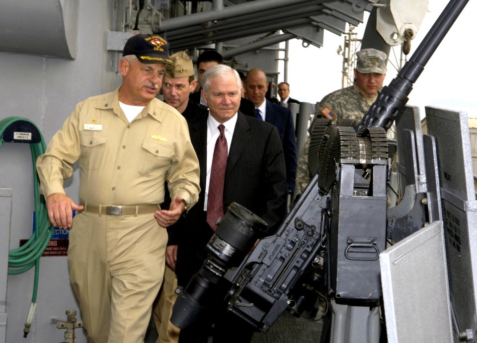US Navy 071206-F-6655M-742 Defense Secretary Robert M. Gates, receives a tour of the cruiser USS Vicksburg (CG 69) from the ship's Commanding Officer Capt. Chip Swicker
