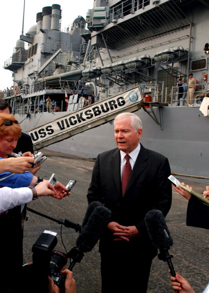 US Navy 071206-N-7095C-002 U.S. Secretary of Defense Robert M. Gates speaks at a media availability after a tour aboard USS Vicksburg (CG 69) where he re-enlisted a Sailor and spent time talking to the crew