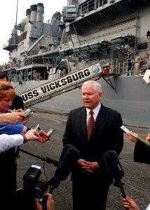 US Navy 071206-N-7095C-002 U.S. Secretary of Defense Robert M. Gates speaks at a media availability after a tour aboard USS Vicksburg (CG 69) where he re-enlisted a Sailor and spent time talking to the crew
