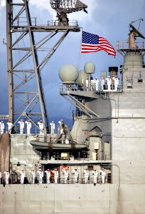 US Navy 071207-N-0879R-078 Sailors aboard the guided-missile cruiser USS Lake Erie (CG 70) render honors to Pearl Harbor survivors during a joint U.S. Navy-National Park Service ceremony