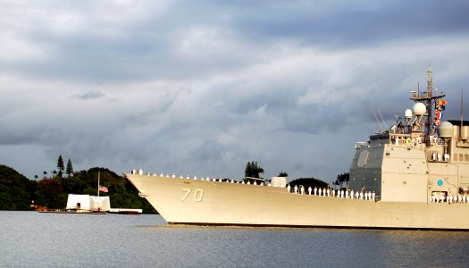 US Navy 071207-N-0879R-071 Sailors stationed aboard the guided-missile cruiser USS Lake Erie (CG 70) man the rails and render honors to USS Arizona Memorial and Pearl Harbor survivors as part of a pass-in-review