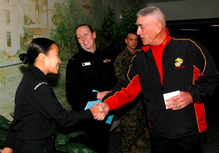 US Navy 071213-N-5086M-029 Naval Medical Center San Diego (NMCSD) Sailors, Marines and staff meet with former U.S. Marine Corps drill instructor turned Golden Globe-nominated actor R. Lee Emery during his visit to the hospital