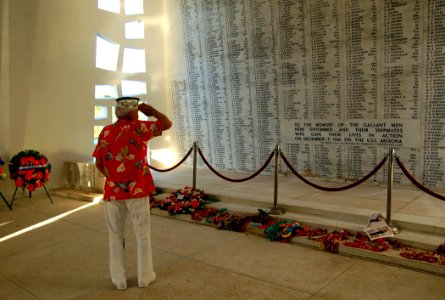 US Navy 071212-N-0879R-067 Medal of Honor recipient Lt. John Finn (Ret.) pays his respects to the Sailors and Marines killed aboard USS Arizona during the Dec. 7, 1941 attack on Pearl Harbor