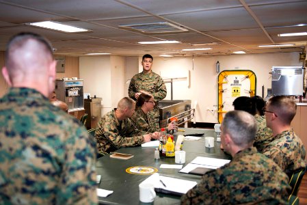 USS Bonhomme Richard, 31st MEU CO addresses Marines 150311-N-RU971-025