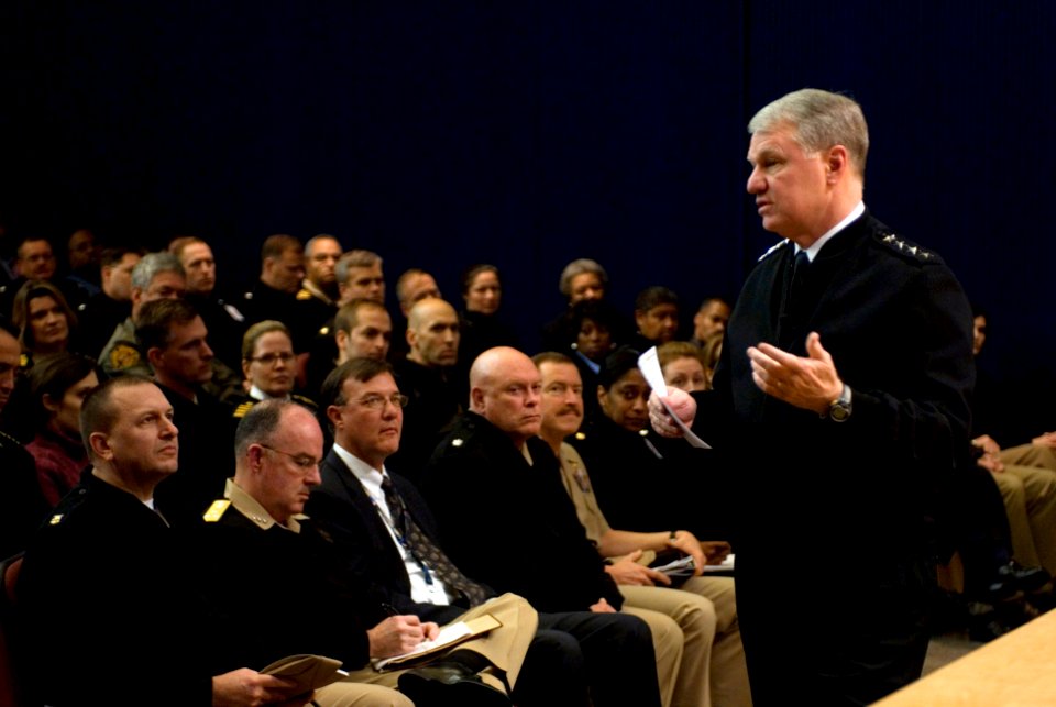 US Navy 071205-N-8273J-009 hief of Naval Operations (CNO) Adm. Gary Roughead discusses his thoughts on the new Maritime Strategy during an all hands call held at Henderson Hall