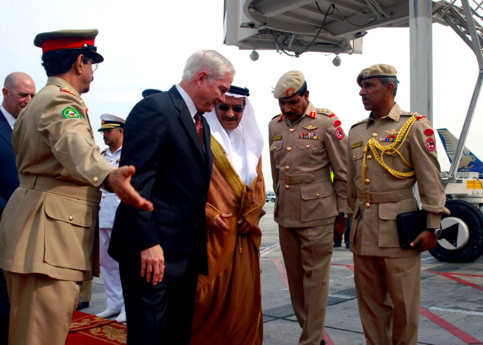 US Navy 071206-N-7095C-001 U.S. Secretary of Defense Robert M. Gates meets Bahrain Lt. Gen. Dr. Mohammed Al-Khalifa, minister of state for defense affairs, who welcomed Gates upon his arrival in Bahrain