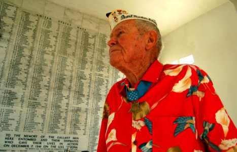 US Navy 071212-N-0879R-093 Medal of Honor recipient Lt. John Finn (Ret.) pays his respects to the Sailors and Marines killed aboard USS Arizona during the Dec. 7, 1941 attack on Pearl Harbor
