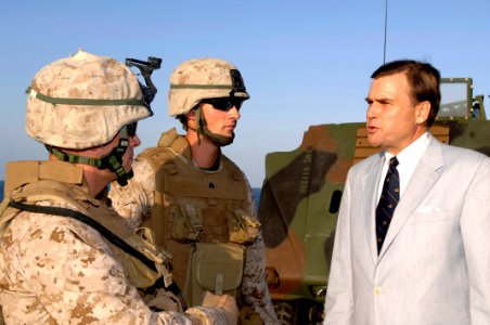 US Navy 071215-F-0509T-057 Stuart Symington, U.S. Ambassador to Djibouti, talks with service members aboard the amphibious dock landing ship USS Gunston Hall (LSD 44) during a reception at end the Operation Image Nautilus
