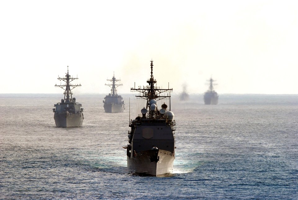 US Navy 071214-N-0555B-008 The Ticonderoga-class guided-missile cruiser USS Chancellorsville (CG 62), the Arleigh Burke-class guided-missile destroyer USS Decatur (DDG 73) and the other ships of Destroyer Squadron (DESRON) 7 st