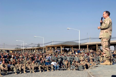 US Navy 071221-N-0696M-509 Chairman of the Joint Chiefs of Staff Adm. Mike Mullen addresses the crowd attending the United Service Organization (USO) Holiday Tour stop in Kandahar