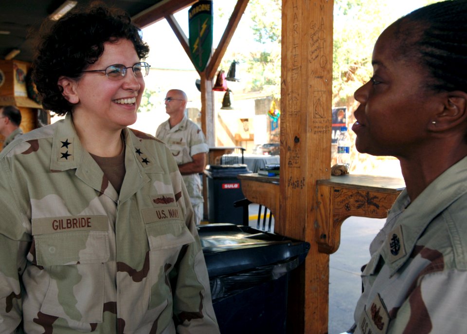 US Navy 071219-N-3285B-116 Rear Adm. Ann Debaets Gilbride, associate director of naval intelligence, speaks with Chief Information Systems Sheria Sanchious