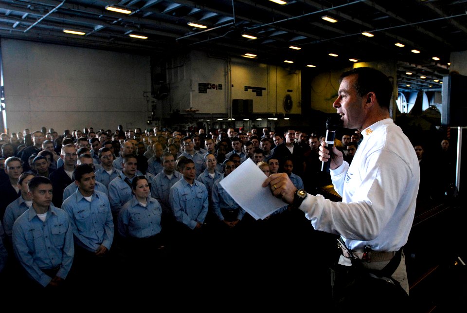 US Navy 071212-N-4776G-031 Capt. Terry B. Kraft, commanding officer of the nuclear-powered aircraft carrier USS Ronald Reagan (CVN 76), addressed the junior enlisted personnel about general concerns and the up coming holiday se