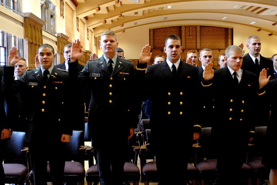 US Navy 071217-N-8273J-140 During a tri-service commissioning ceremony, 35 Purdue University graduates take the oath in becoming commissioned officers