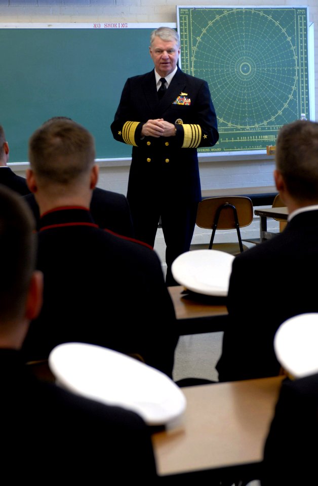 US Navy 071217-N-8273J-042 Chief of Naval Operations (CNO) Adm. Gary Roughead answers questions during an All Hands call with Reserve Officer Training Corps (ROTC) students prior to a tri-service commissioning ceremony at Purdu