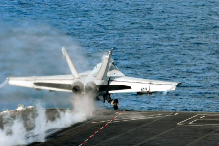 US Navy 071217-N-7526R-279 An F-A-18E Super Hornet, assigned to the Eagles of Strike Fighter Squadron (VFA) 115, launches from the bow of the Nimitz-class nuclear-powered aircraft carrier USS Ronald Reagan (CVN 76)