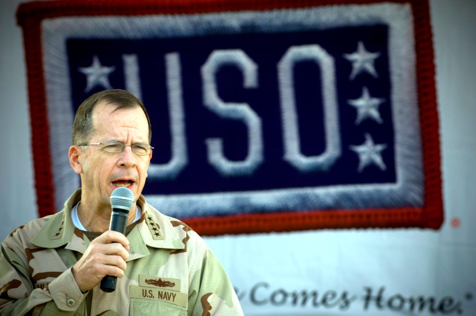 US Navy 071218-N-0696M-030 Navy Adm. Mike Mullen. chairman of the Joint Chiefs of Staff, introduces Miss USA Rachel Smith during the USO holiday tour stop at Logistics Support Area Kuwait