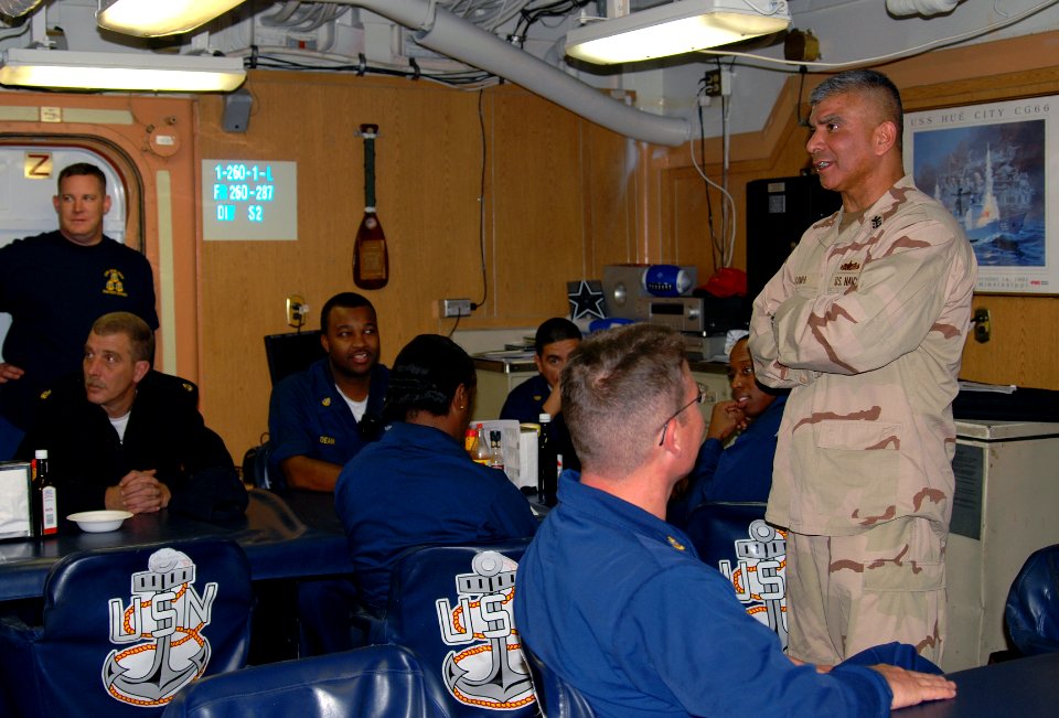 US Navy 071224-N-7095C-002 Master Chief Petty Officer of the Navy (MCPON) Joe R. Campa Jr. addresses the chiefs' mess aboard guided-missile cruiser USS Hue City (CG 66)