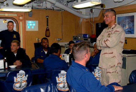 US Navy 071224-N-7095C-002 Master Chief Petty Officer of the Navy (MCPON) Joe R. Campa Jr. addresses the chiefs' mess aboard guided-missile cruiser USS Hue City (CG 66)