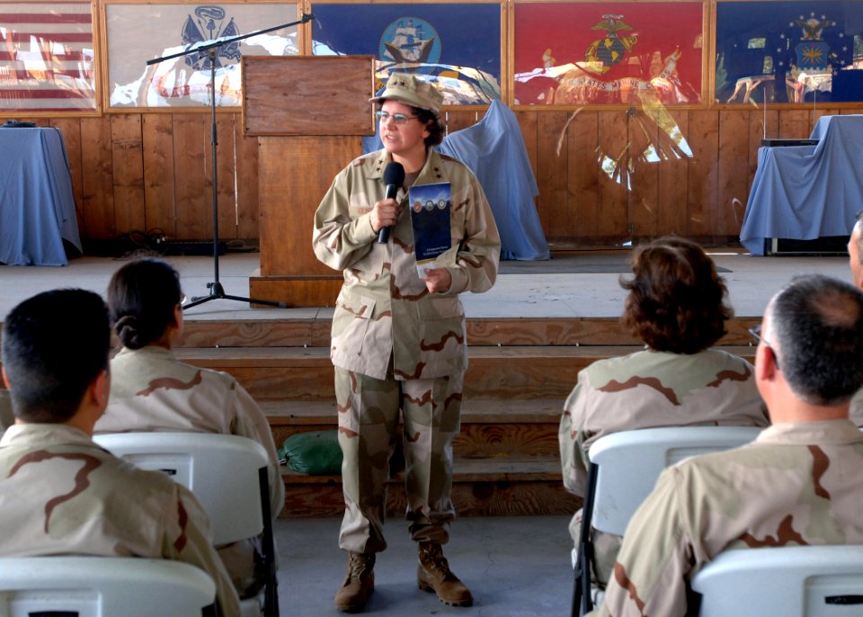 US Navy 071219-N-3285B-012 Rear Adm. Ann Debaets Gilbride, associate director of Naval Intelligence, speaks with Reservists stationed on board Combined Joint Task Force-Horn of Africa