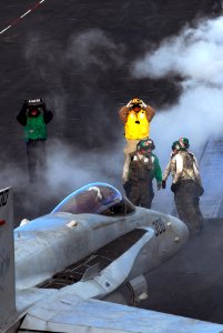 US Navy 071217-N-7526R-314 An F-A-18C Hornet, assigned to the Stingers of Strike Fighter Squadron (VFA) 113, taxies to a catapult during flight operations aboard the Nimitz-class nuclear-powered aircraft carrier USS Ronald Reag