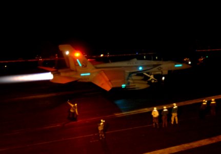 US Navy 080103-N-8923M-009 An F-A-18F Super Hornet attached to the Red Rippers of Strike Fighter Squadron (VFA) 11, prepares to launch off the flight deck aboard the Nimitz-class nuclear-powered aircraft carrier USS Harry S. Tr